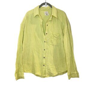 Billabong Gauzy Crinkle Button Down Shirt Swim Coverup Long Sleeve Neon Yellow M